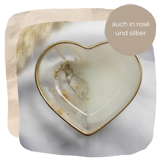 Schmuckschale aus Epoxidharz I Handarbeit I personalisiertes Geschenk I schönes Herz Design in Weiß und Gold mit Blumen I ArtByJanina
